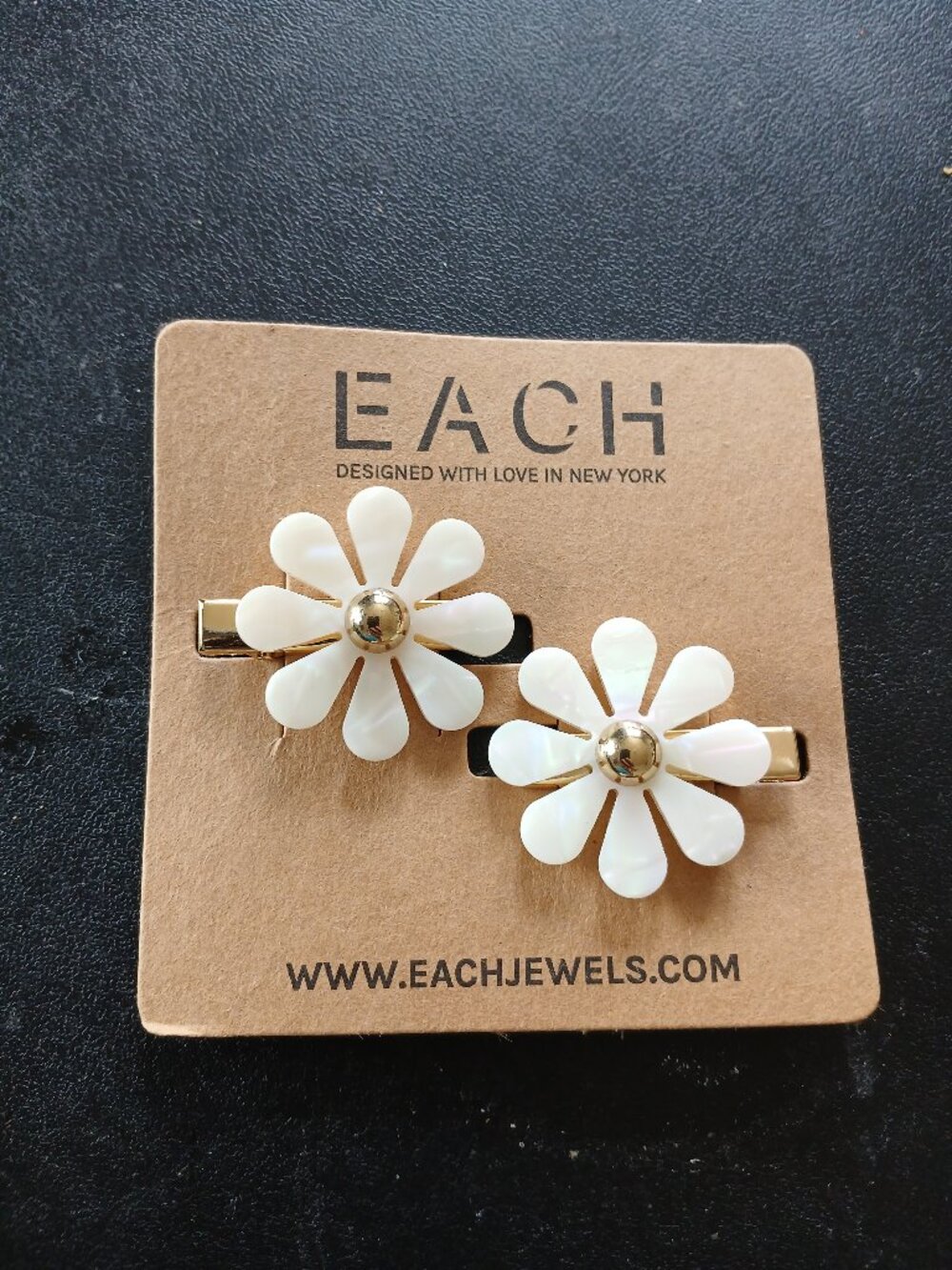 EACH Jewels NWT Mother of Pearl Flower Barrette Set 14K Gold Plated Brass Hair C